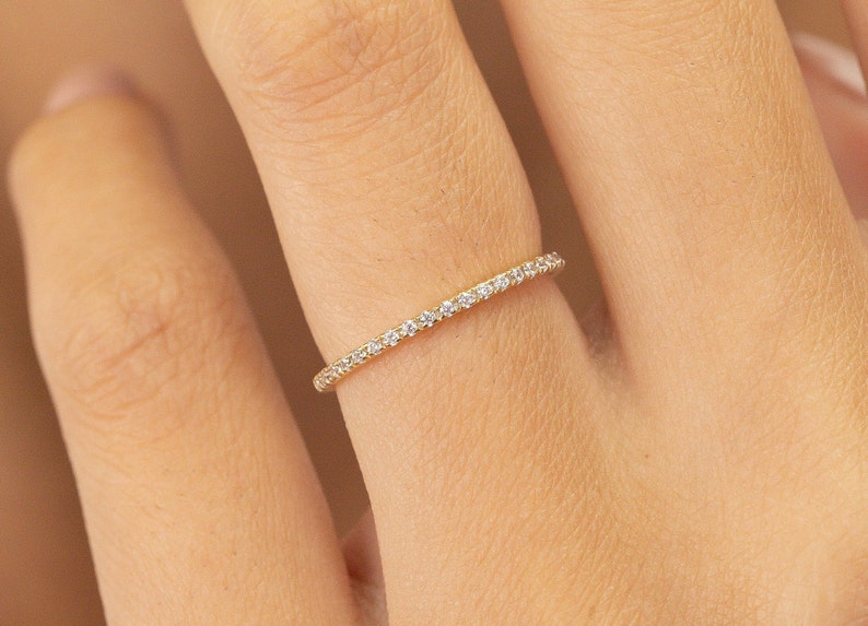 Micro Pave Eternity Diamond Wedding Ring, 1.3 MM Half Eternity Band, Dainty Stackable Band, Anniversary Gift image 1