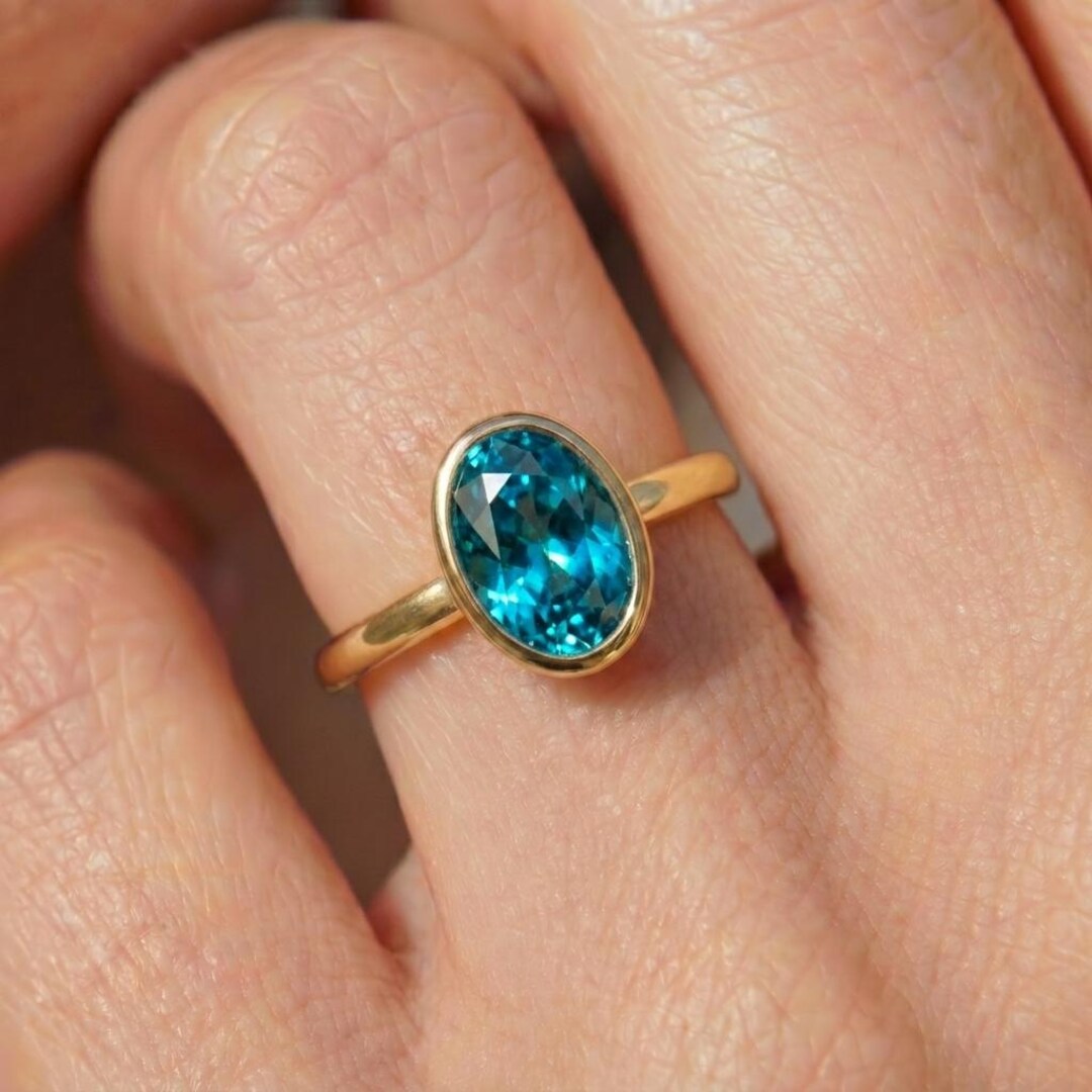 Oval Blue Zircon Ring, Bezel Set Gold Solitaire Ring, December ...