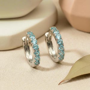 Aquamarine Hoop Earrings, Blue Gemstone Wedding Jewelry, Something Blue for Bride, March Birthstone Gift