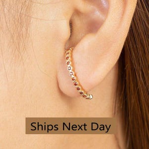 Ear Lobe Garnet Cuff Earrings, Suspender Earrings, Dainty stud lobe cuff, January Birthstones