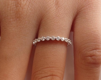 2.0 MM Single Prong Diamond Wedding Band / Floating Bubble Prong Stackable Band / Sterling Silver Full Eternity Stackable Band