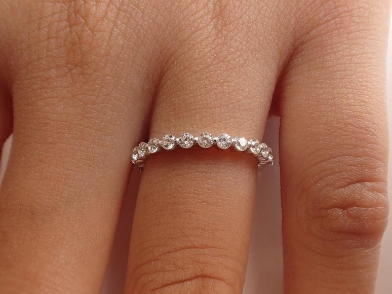ON SALE Single Prong Ring, 2.0mm Half Eternity Diamond Wedding Band, Diamond Stackable Band, Floating Bubble Prong Diamond Ring image 6