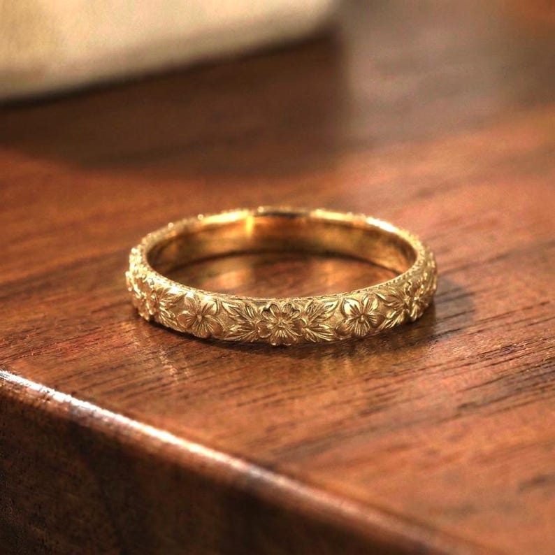Anello nuziale floreale con primula viola, anello antico in oro semplice 10K/14K/18K con fiore unico, anello con fiore di nascita di febbraio immagine 2