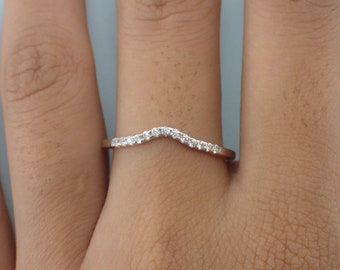 Curved Diamond Band, Matching Stackable Band, 14k Solid Gold Curved Ring Enhancer, Simple Dainty Band