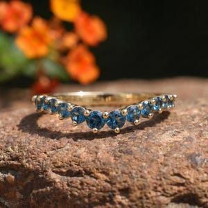 London Blue Topaz Curved Wedding Band | 14K Gold Stacking Ring | Dainty Gemstone Enhancer Anniversary Ring | Unique Wishbone Band image 2