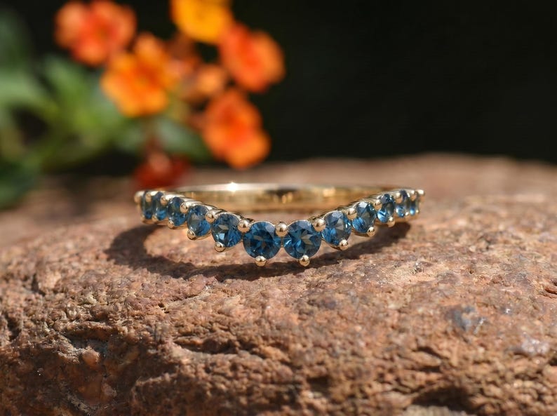 London Blue Topaz Curved Wedding Band | 14K Gold Stacking Ring | Dainty Gemstone Enhancer Anniversary Ring | Unique Wishbone Band image 2