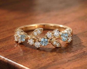Aquamarine Leaf Wedding Band, Nature Inspired Floral Cluster Ring for Her – March Birthstone Gift – 14K Gold Moissanite Jewelry