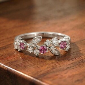 Round Pink Tourmaline Leaf Wedding Band, Nature Inspired Floral Cluster Ring for Her – October Birthstone Gift – 14K Gold Moissanite Jewelry image 5