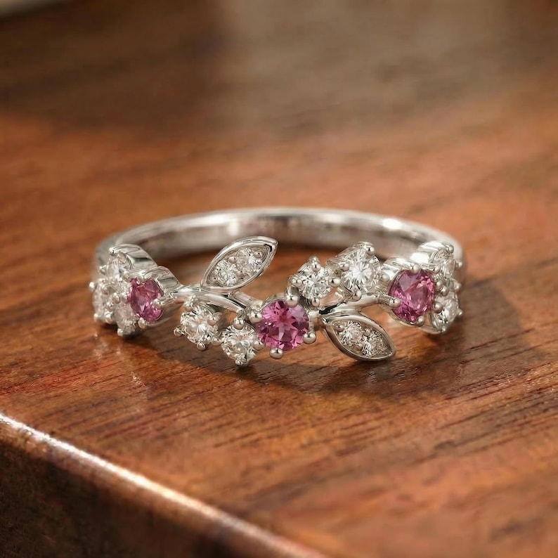 Round Pink Tourmaline Leaf Wedding Band, Nature Inspired Floral Cluster Ring for Her – October Birthstone Gift – 14K Gold Moissanite Jewelry image 5