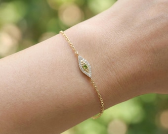 Peridot Evil Eye Bracelet, August Birthstone Protection Jewelry, Gold Talisman Bracelet, Bridesmaid Gift for Her