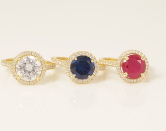 Diamant Halo Edelsteine Verlobungsring, Birthstone Ring, Braut Versprechen Ring Geschenk für sie, Jahrestag Ring