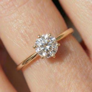 Moissanite Solitaire Engagement Ring, Round Brilliant Cut Anniversary Band, 14K Gold Six Prong Minimalist Promise Ring