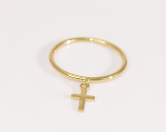 Minimalist Cross Ring, 14K Solid Gold Cross Stackable Ring, Thin Daily Ring, Dainty Christian Ring for Women, Religious Jewelry
