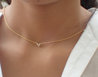 Trio Diamond Necklace, 14k Solid Gold Diamond Necklace, Diamond Solitaire Necklace, Bridesmaid Necklace, Anniversary Gift