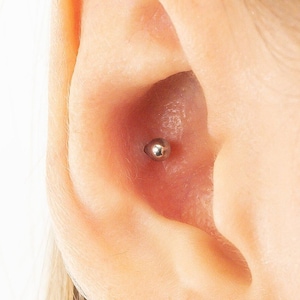 May include: Close-up of a person's ear with a small silver stud piercing in the upper lobe.