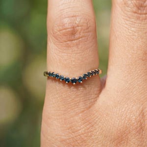 London Blue Topaz Curved Wedding Band | 14K Gold Stacking Ring | Dainty Gemstone Enhancer Anniversary Ring | Unique Wishbone Band image 5