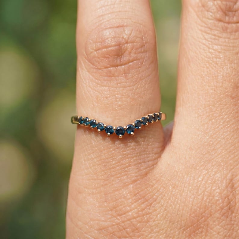 London Blue Topaz Curved Wedding Band | 14K Gold Stacking Ring | Dainty Gemstone Enhancer Anniversary Ring | Unique Wishbone Band image 5