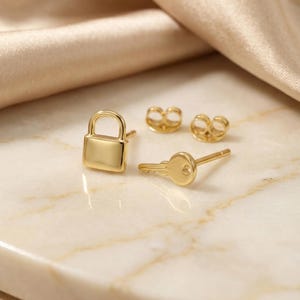 Lock and Key Stud Earrings, Minimalist Earrings, Key and Lock Mismatched Earrings, Key Stud Earrings, Gift for Her