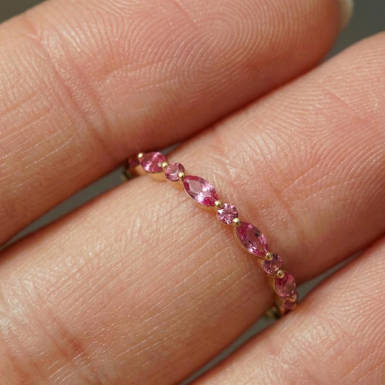 Delicate Pink Tourmaline Eternity Band Ring | 14K Gold Marquise & Round Gemstone Stacking Ring | October Birthstone Gift for Her image 13