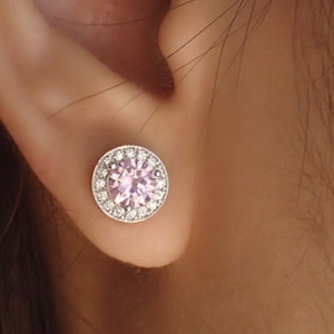 Pink Sapphire Halo Stud Earrings / Minimalist Earrings Gift for Women / Everyday Earring / September Birthstone Gift / In Stock