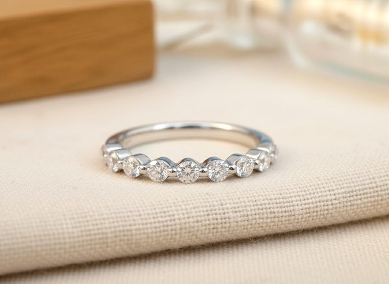 2.0mm Single Prong Diamond Wedding Band, Half Eternity Band Stackable Band, Bridesmaids Gift, Bubble Prong Wedding Ring image 5