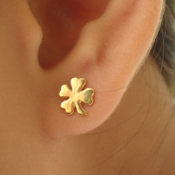 Four Leaf Clover Earrings, Clover Stud Earrings, 14k Solid Gold Dainty Earrings, Tiny Clover Earrings, Good Luck Earrings