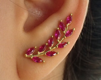 Unique Earring Climber / Ruby Ear Crawlers Earrings / Marquise Ear Climber Earrings / Bridesmaid Gift / Gift for Her / In Stock