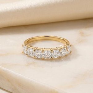 Anniversary Gift Princess Cut Moissanite Wedding Band, 1.05 CTW 7 Stone Ring, 3mm Square Stone Half Eternity Ring image 2