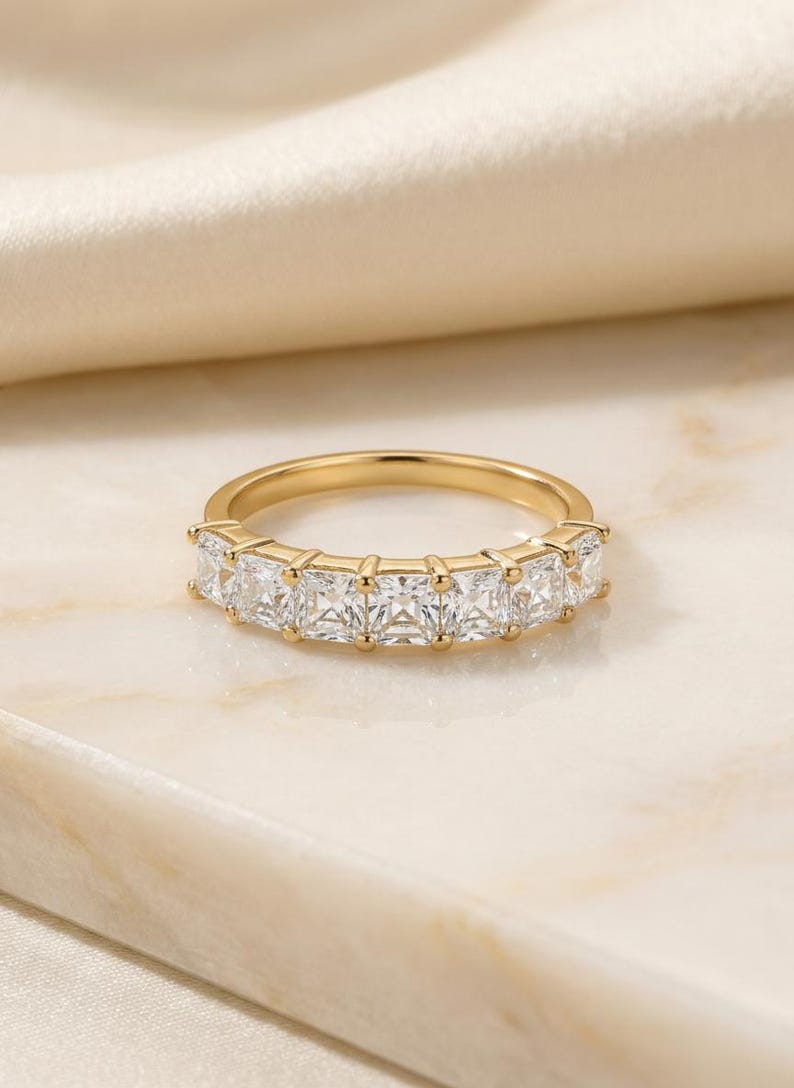 Anniversary Gift Princess Cut Moissanite Wedding Band, 1.05 CTW 7 Stone Ring, 3mm Square Stone Half Eternity Ring image 2