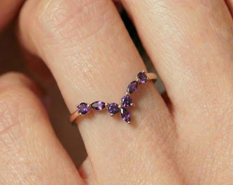 Dainty Amethyst Stacking Ring | Curved Wedding Band Enhancer | Purple Gemstone Chevron Ring | Minimalist Anniversary Gift for Her