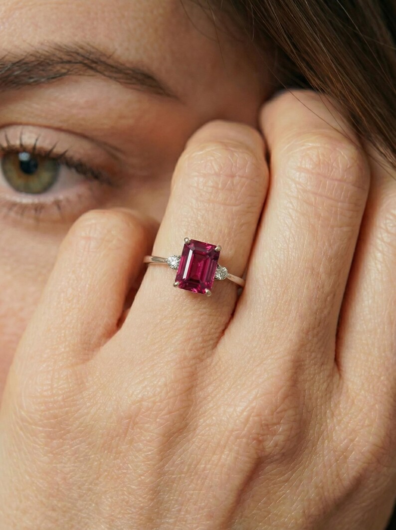 1.75ct Ruby Ring, Emerald Cut Ruby Ring, 14K Gold Statement Ring, Certified Stone Ring, July Birthstone image 14