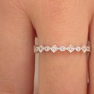 14k Gold Art Deco Wedding Band, Square Dot Art Deco Half Eternity Band, Bridal Art Deco Band