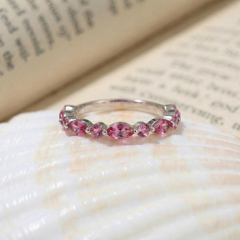 Delicate Pink Tourmaline Eternity Band Ring | 14K Gold Marquise & Round Gemstone Stacking Ring | October Birthstone Gift for Her image 6