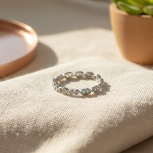 Aquamarine Wedding Band/ Full Eternity Vintage Inspired/ Art Deco Aquamarine Gemstone Ring / Marquise Double Dot Ring/ March Birthstone Ring image 4
