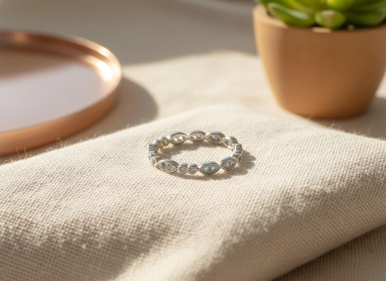 Aquamarine Wedding Band/ Full Eternity Vintage Inspired/ Art Deco Aquamarine Gemstone Ring / Marquise Double Dot Ring/ March Birthstone Ring image 4