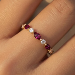 Art Deco Ruby Wedding Band, Half Eternity Stackable Wedding Ring, 18K Gold Matching Band, Gift for Her