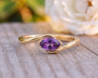 Marquise Amethyst Pinky Ring, Dainty Purple Gemstone Bypass Ring, 14K Gold Solitaire Ring, February Birthstone Promise Ring, Gift for Her