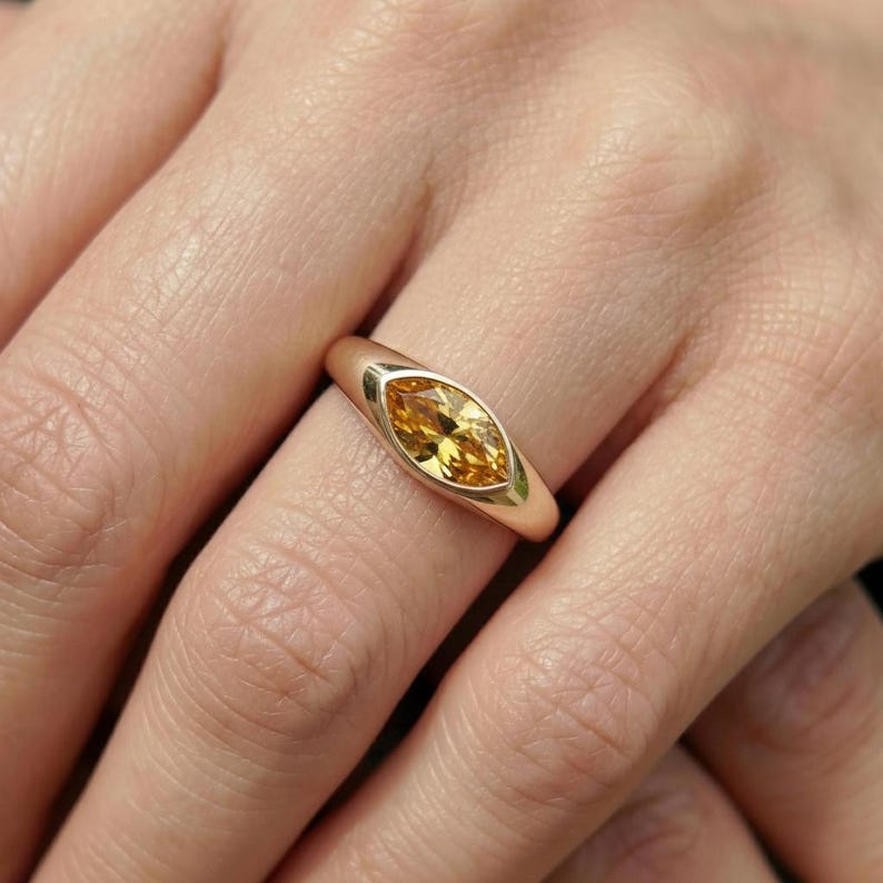 1.5ct Marquise Bezel Citrine Ring, 14K Solid Gold Signet Engagement Ring, Minimalist Pinky Promise Gift, November Birthstone Ring image 7