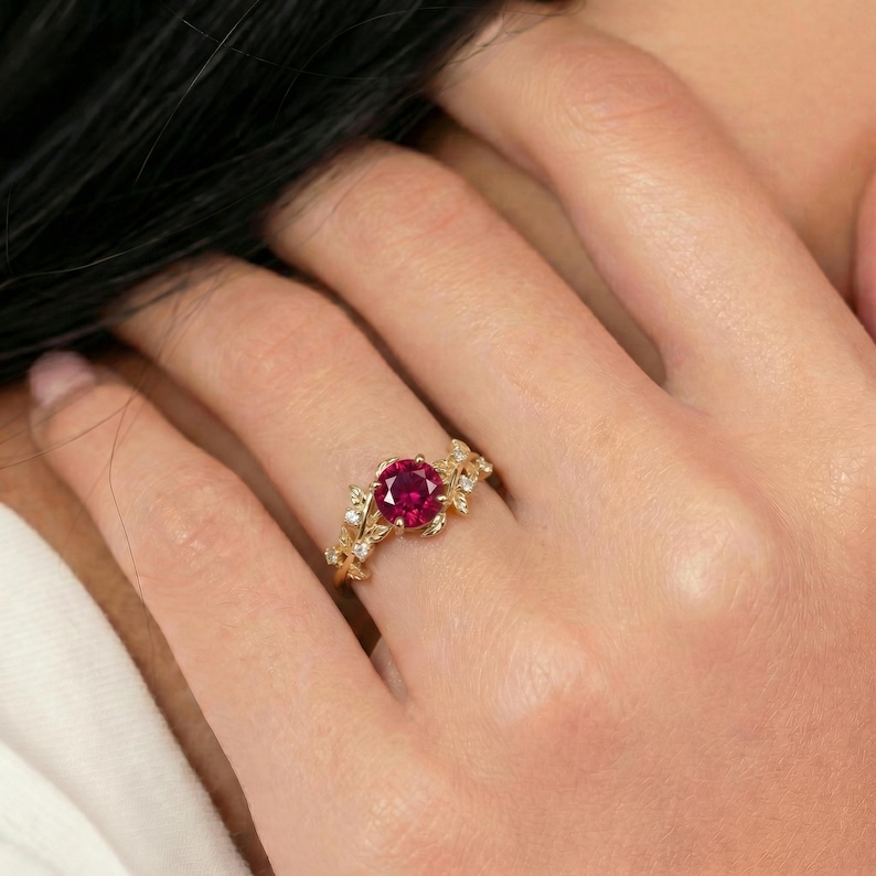 Round Ruby Nature Inspired Engagement Ring, 18K Gold Leaf Branch Ring, July Birthstone Ring, Romantic Bridal Promise Ring image 11