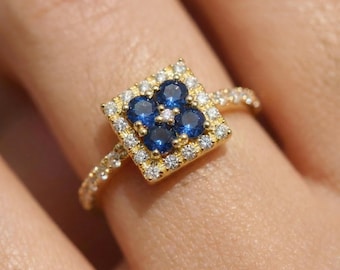 Blue Sapphire Ring 14k Gold Square Cluster Engagement Ring Geometric Halo Art Deco Style September Birthstone Promise Ring Vintage Look