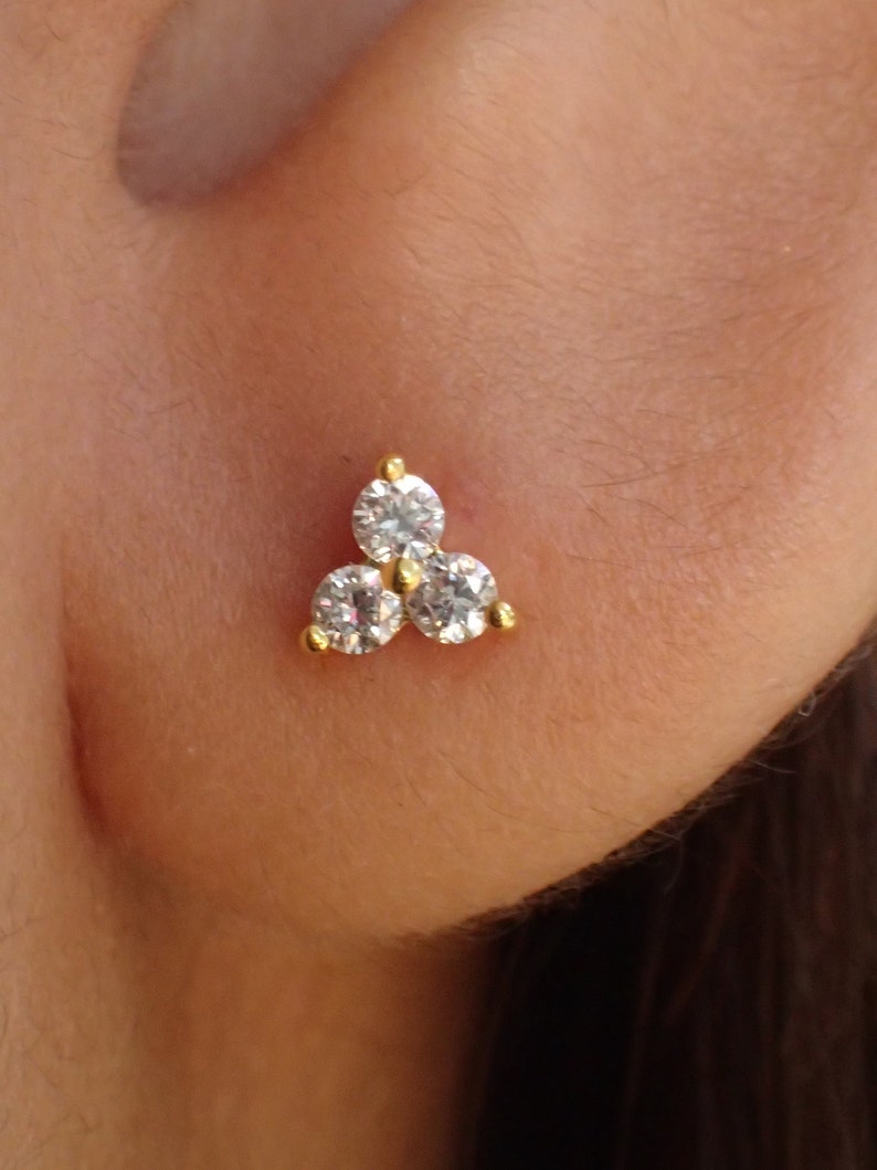 Trio Diamond Stud Earrings / 14k Solid Gold Three Stone Etsy