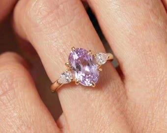 Lavender  & Diamond Engagement Ring - Oval Purple Gemstone with Pear Accents in 14K Gold - Unique Three Stone Ring
