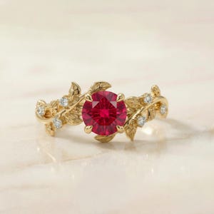Round Ruby Nature Inspired Engagement Ring, 18K Gold Leaf Branch Ring, July Birthstone Ring, Romantic Bridal Promise Ring image 2