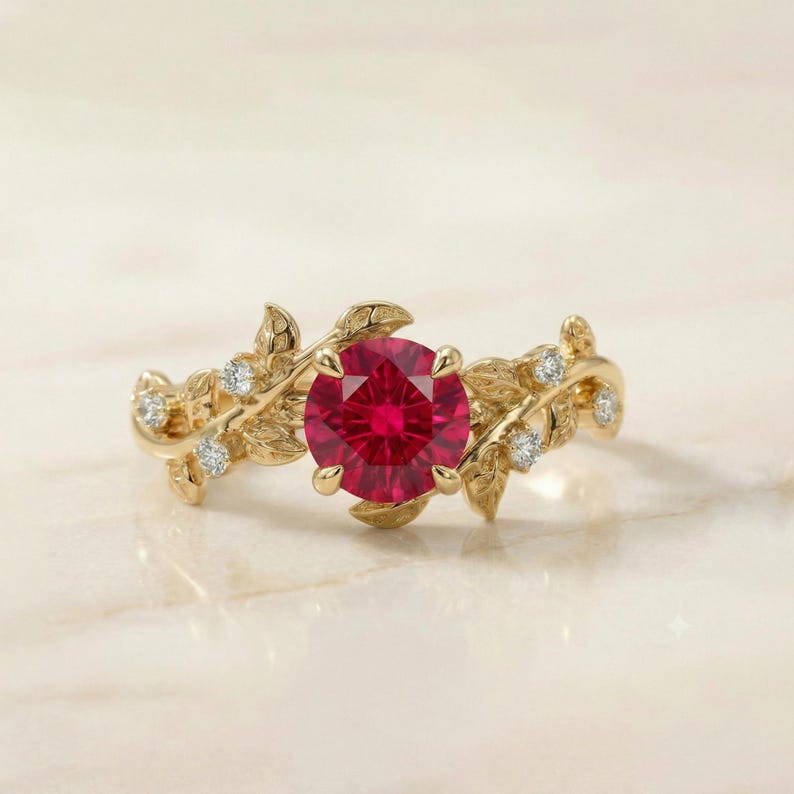 Round Ruby Nature Inspired Engagement Ring, 18K Gold Leaf Branch Ring, July Birthstone Ring, Romantic Bridal Promise Ring image 2