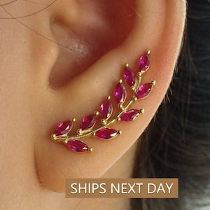 Ruby Earring Climber / Ruby Ear Crawlers Earrings / Marquise Ear Climber Earrings / Bridesmaid Gift / July Birthstone Gift / In Stock