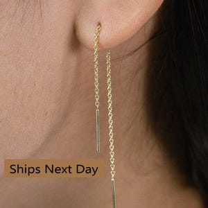 Long Bar Threader Earrings, Long Chain Earrings, Dainty Dangle Bar Earrings, Bar Drop With Delicate Chain