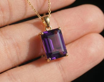 Elegant Amethyst Gold Necklace, Rectangular Purple Gemstone Pendant, 14K Gold February Birthstone Jewelry Gift for Her, Dainty Everyday Fine