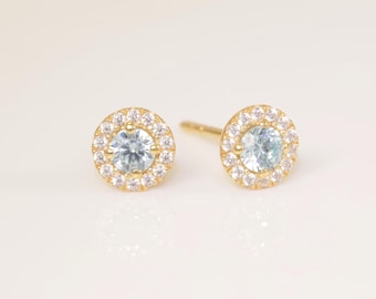 Boucles D'oreilles Or Jaune 14 Carats - Gouttes Rondes Halo CZ - Neuf Avec étiquettes