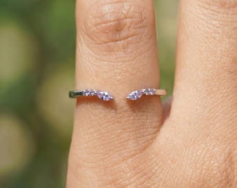 Delicate Lavender Amethyst Open Ring | Sterling Silver Marquise & Round Gemstone Adjustable Ring | Minimalist Stacking Promise Ring Gift