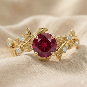 Round Ruby Nature Inspired Engagement Ring, 18K Gold Leaf Branch Ring, July Birthstone Ring, Romantic Bridal Promise Ring image 8